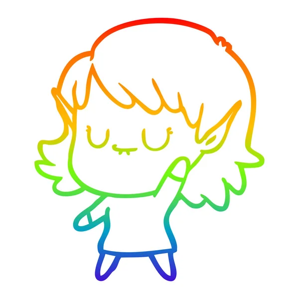 Arco iris gradiente línea dibujo feliz dibujos animados elfo chica — Vector de stock