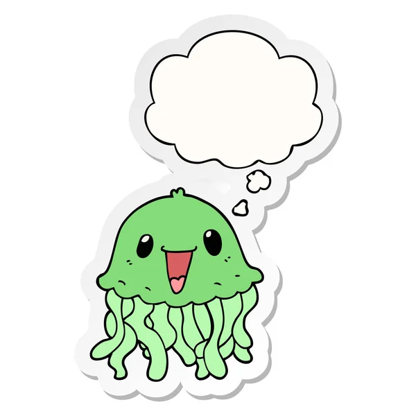 Cartoon jellyfish and thought bubble as a printed sticker — Stock Vector