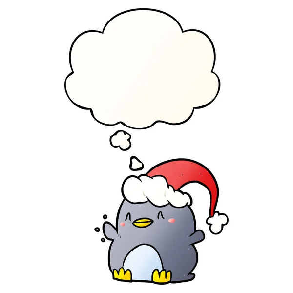 Pingüino de dibujos animados con sombrero de Navidad y burbuja de pensamiento en smoo — Vector de stock
