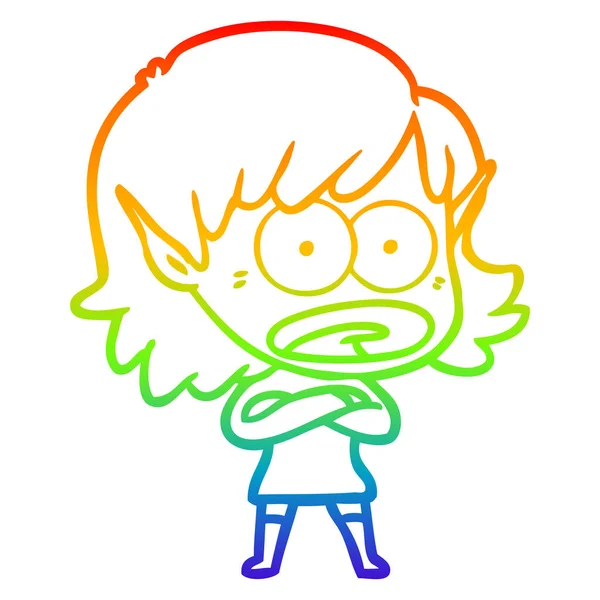 Arco iris gradiente línea dibujo dibujos animados sorprendido elfo chica — Vector de stock