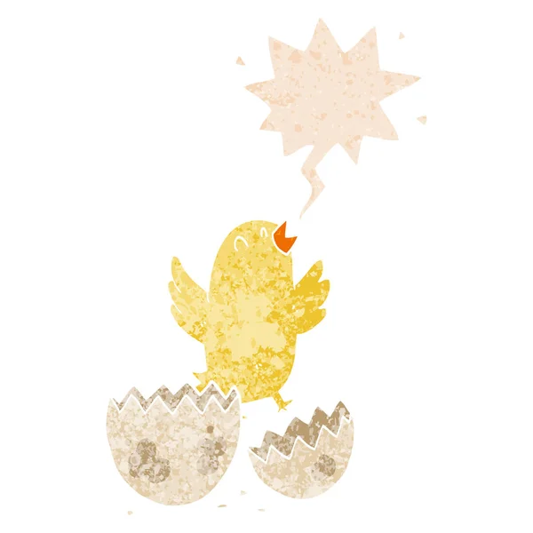 Cartoon bird hatching from egg and speech bubble in retro textur — Stock Vector