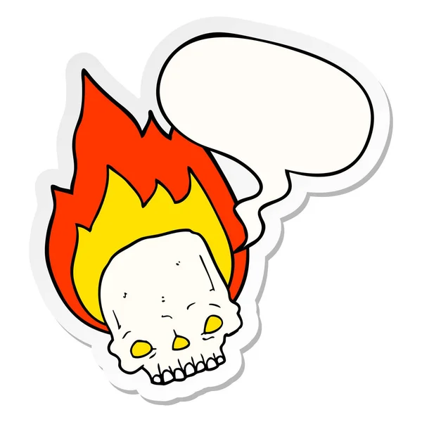 Ürkütücü karikatür yanan kafatası ve konuşma kabarcık etiket — Stok Vektör