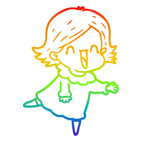 Arco-íris linha gradiente desenho cartoon mulher feliz — Vetor de Stock