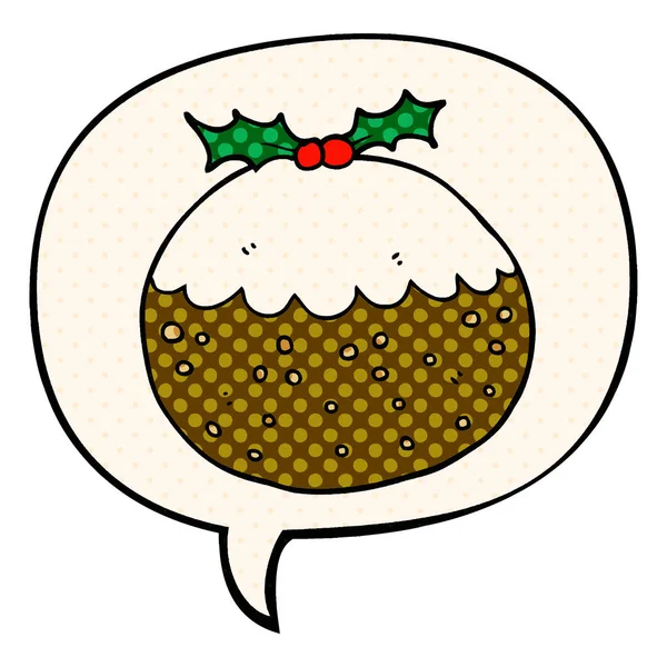 Cartoon christmas pudding and speech bubble in comic book style — Stock Vector