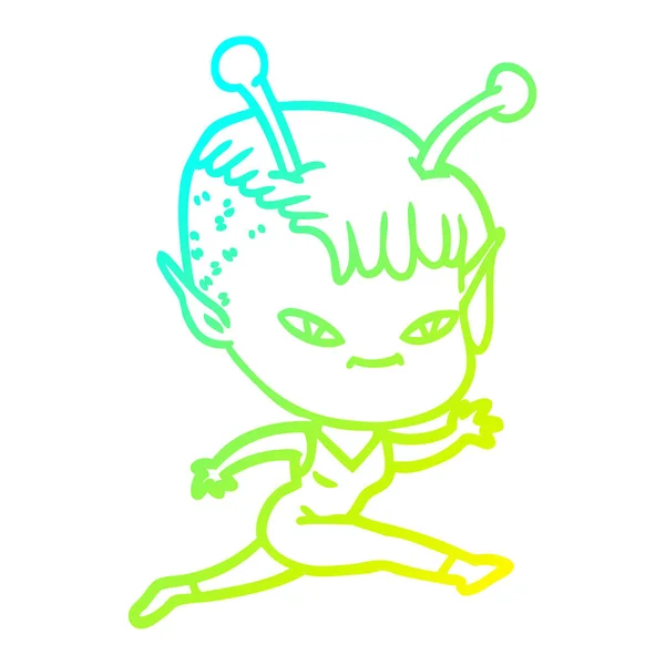 Cold gradient line drawing cute cartoon alien girl — стоковый вектор