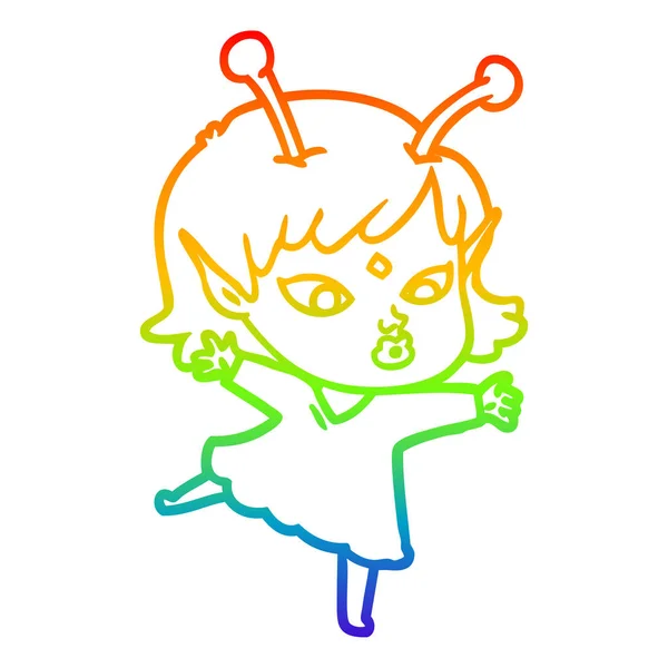 Linea gradiente arcobaleno disegno piuttosto cartone animato ragazza aliena — Vettoriale Stock