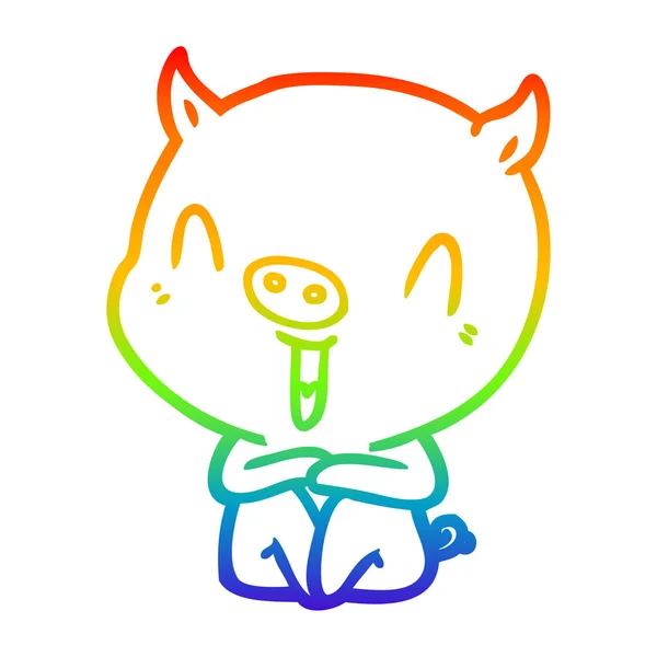 幸せな漫画座っている豚を描く虹のグラデーションライン — ストックベクタ