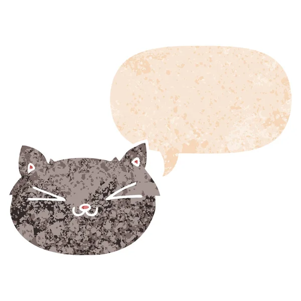 Feliz desenho animado gato e fala bolha no estilo retro texturizado — Vetor de Stock