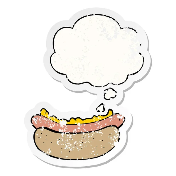 Hotdog dessin animé et bulle de pensée comme un autocollant usé en détresse — Image vectorielle