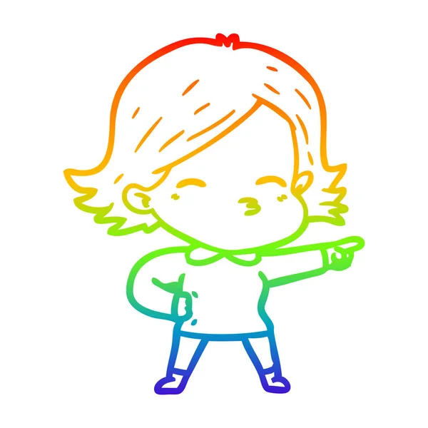 Rainbow gradient line drawing cartoon woman pointing — Stock Vector