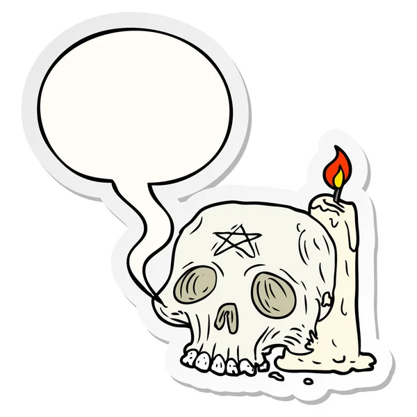 Cartoon spooky skull and candle and speech bubble sticker — Stock Vector