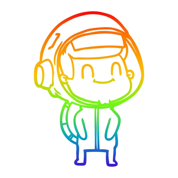 虹のグラデーションラインは幸せな漫画の宇宙飛行士の男を描く — ストックベクタ