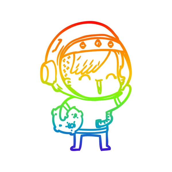Rainbow gradient line drawing cartoon happy spacegirl holding mo — Stock Vector