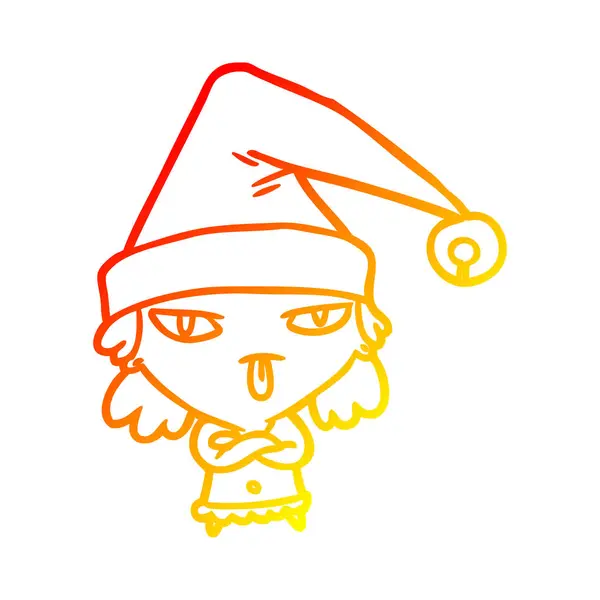 Linha gradiente quente desenho menina vestindo chapéu de Natal —  Vetores de Stock