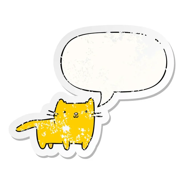 Karikatür kedi ve konuşma balonu sıkıntılı etiket — Stok Vektör