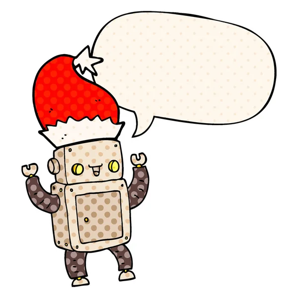 Cartoon christmas robot and speech bubble in comic book style — Stock Vector