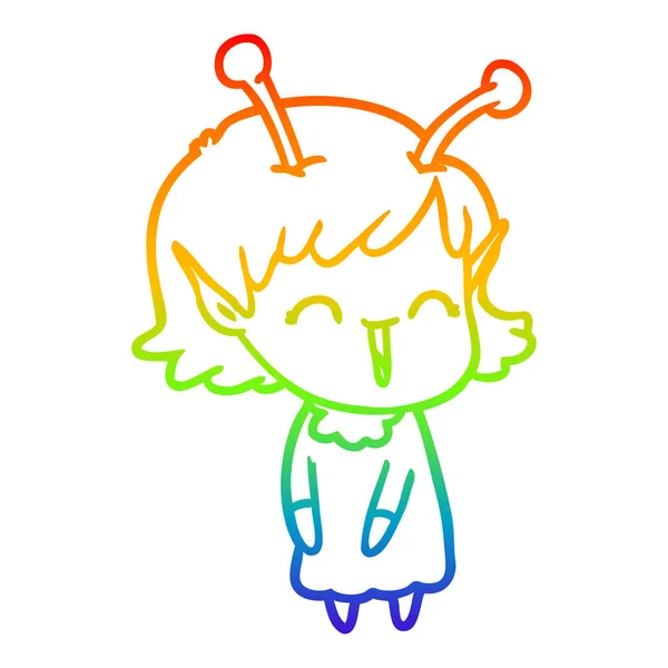 Arco iris gradiente línea dibujo dibujos animados chica alienígena riendo — Vector de stock