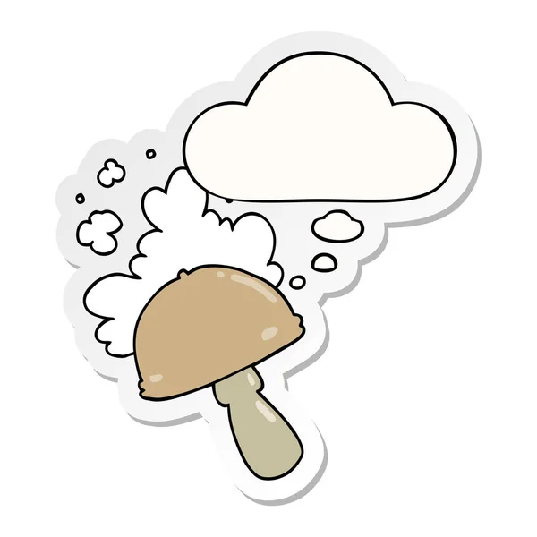 Cogumelo dos desenhos animados com nuvem de esporos e bolha de pensamento como um printe — Vetor de Stock