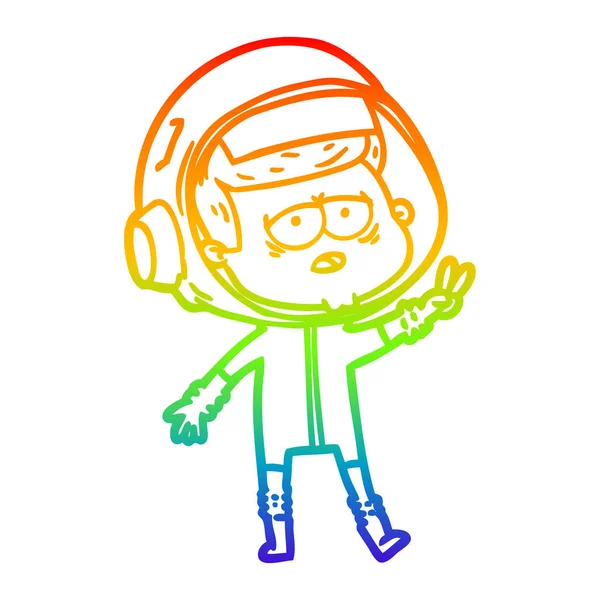 Línea de gradiente arco iris dibujo dibujos animados astronauta cansado — Vector de stock