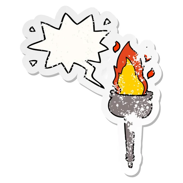 Karikatür yanan kadeh ve konuşma balonu sıkıntılı etiket — Stok Vektör