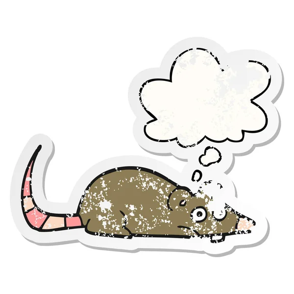 Cartoon muis en gedachte Bubble als een verdrietig versleten sticker — Stockvector