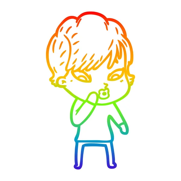 Regenboog gradiënt lijntekening cartoon vrouw — Stockvector