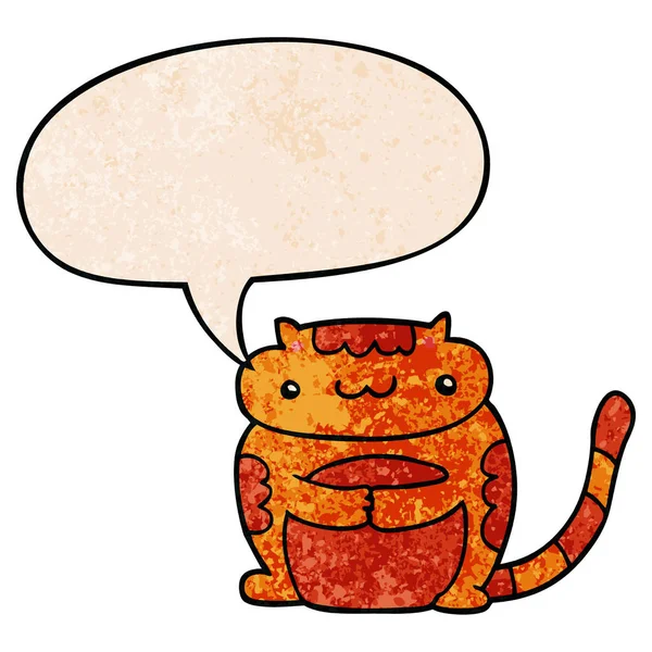 レトロな質感スタイルでかわいい漫画の猫とスピーチバブル — ストックベクタ