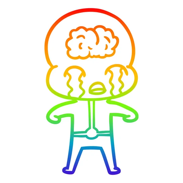 Arco iris gradiente línea dibujo dibujos animados gran cerebro extranjero llorando — Vector de stock