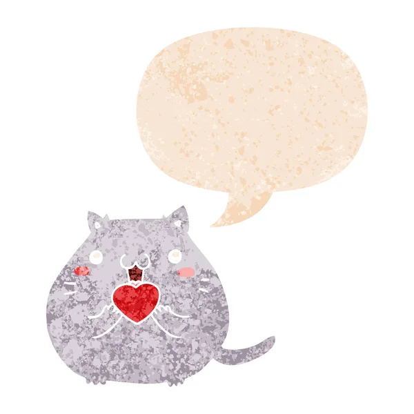 Mignon dessin animé chat dans l'amour et la parole bulle dans rétro texturé sty — Image vectorielle
