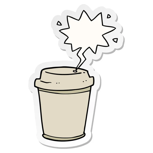 Tecknad Takeout kaffekopp och pratbubbla klistermärke — Stock vektor