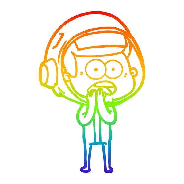 Línea de gradiente arco iris dibujo dibujos animados astronauta sorprendido — Vector de stock