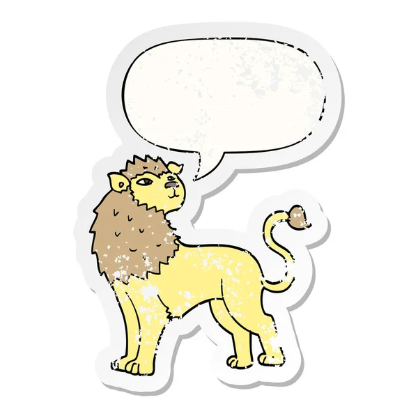 Cartoon lion and speech bubble distressed sticker — Stock Vector
