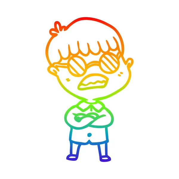 Arco-íris linha gradiente desenho cartoon menino com braços cruzados desgaste —  Vetores de Stock