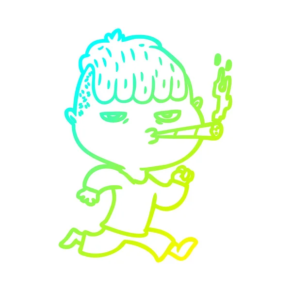 Línea de gradiente frío dibujo dibujos animados hombre fumar mientras se ejecuta — Vector de stock