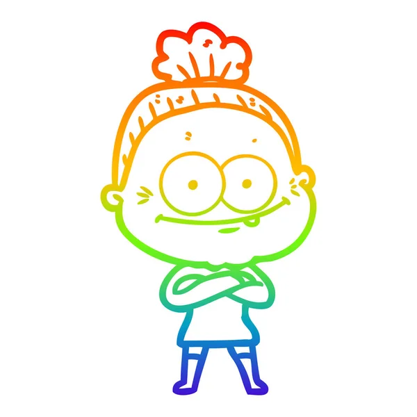 Regenboog gradiënt lijntekening cartoon gelukkig oude vrouw — Stockvector