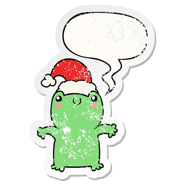 Carino cartone animato rana indossa cappello di Natale e discorso bolla distre — Vettoriale Stock