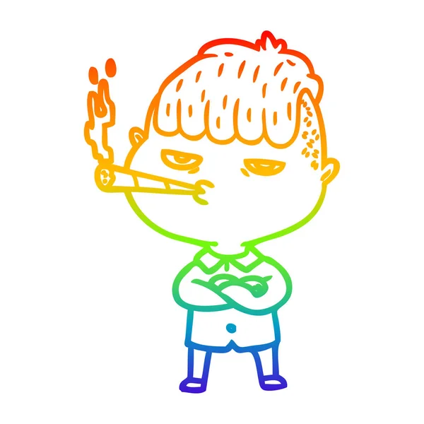 Rainbow gradient line drawing cartoon man smoking — Stock Vector
