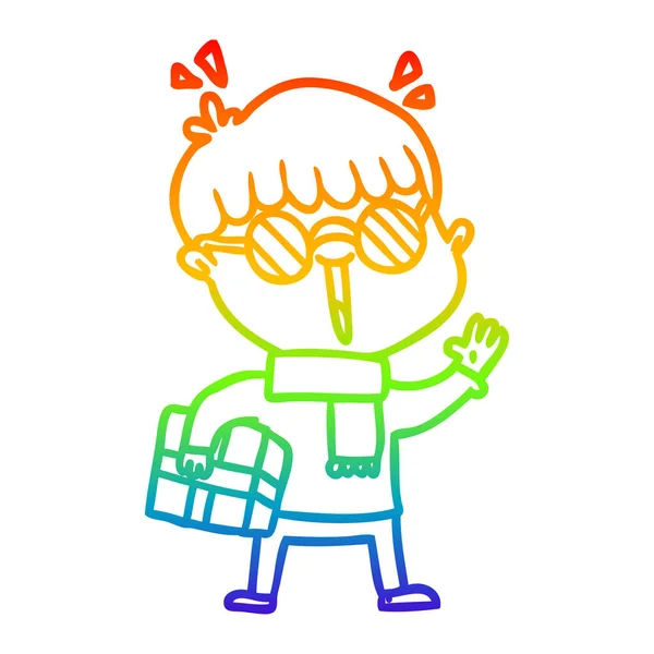 Linea gradiente arcobaleno disegno cartone animato ragazzo con pacco agitazione — Vettoriale Stock