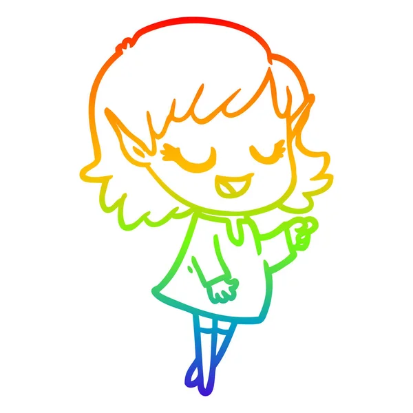 Linea gradiente arcobaleno disegno felice ragazza elfo cartone animato puntando — Vettoriale Stock