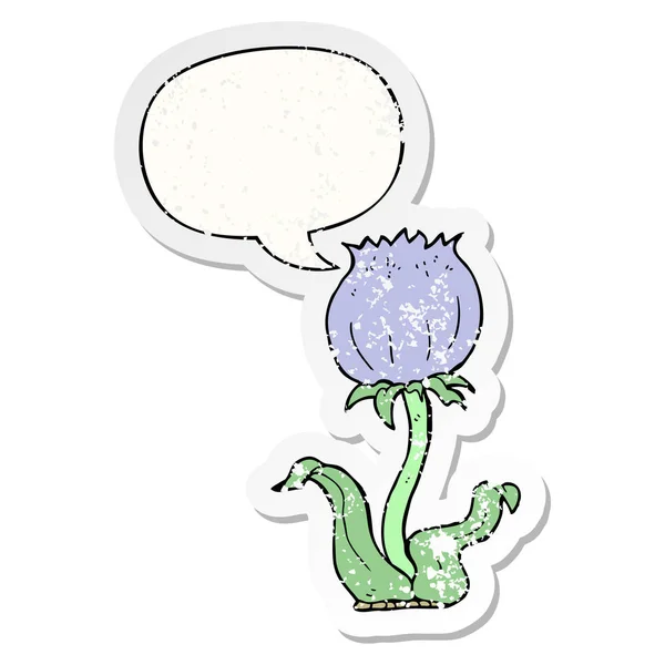 Cartoon wild flower and speech bubble distressed sticker — Stock Vector