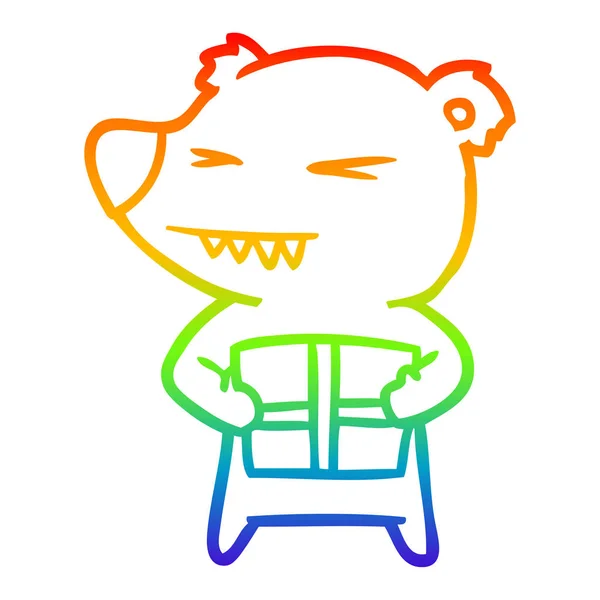 Rainbow gradient linje ritning arg Björn tecknad med gåva — Stock vektor