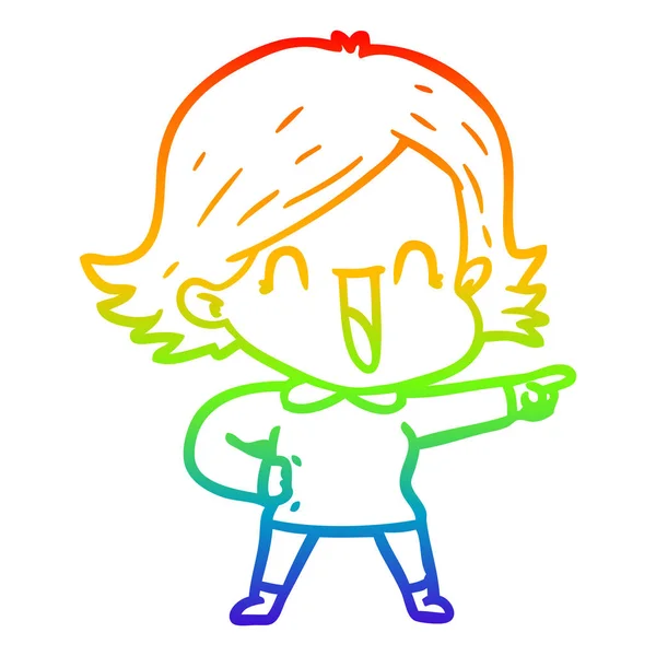 Rainbow gradient ligne dessin dessin animé rire femme pointant — Image vectorielle