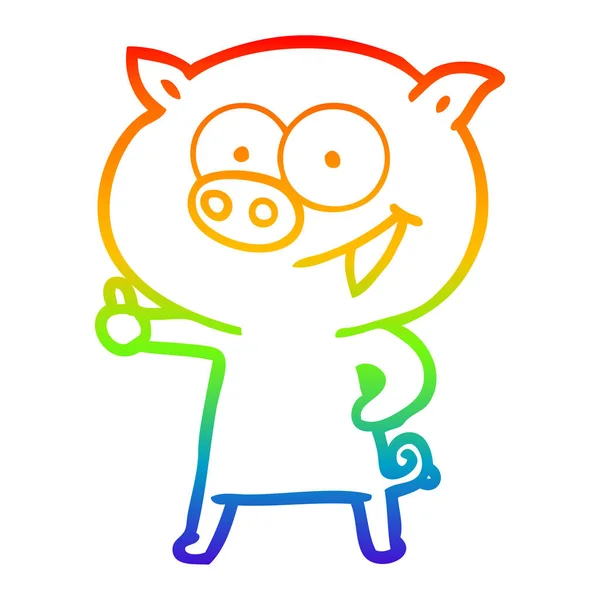 Rainbow gradient line drawing cheerful pig cartoon — Stock Vector