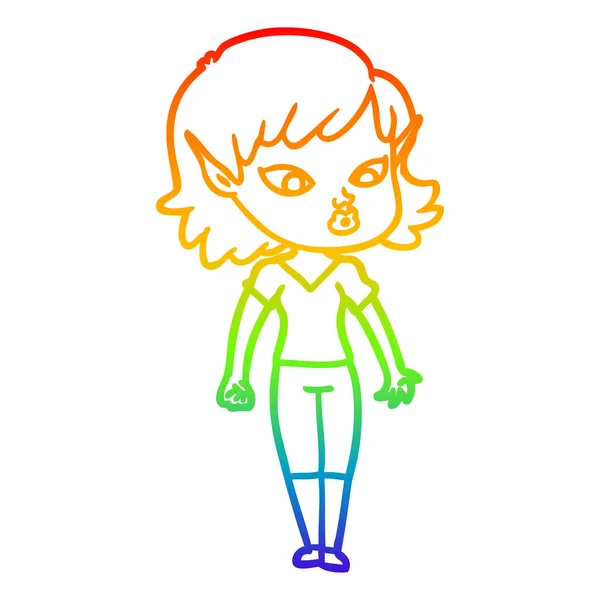 Arco iris gradiente línea dibujo bonito dibujos animados elfo chica — Vector de stock