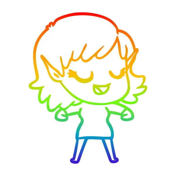 Rainbow gradient linje ritning lycklig tecknad elf flicka — Stock vektor