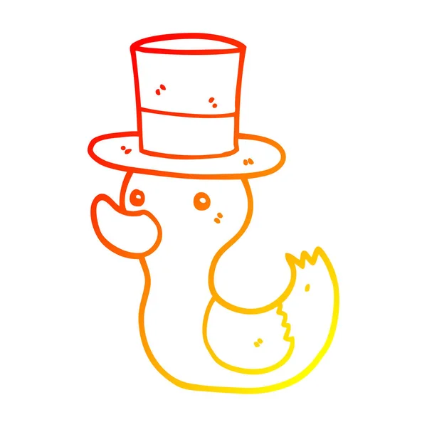 Línea de gradiente caliente dibujo dibujos animados pato con sombrero de copa — Vector de stock