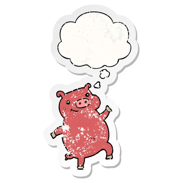 Kreslená tančící prasata a myšlenková bublina jako otřesený, opotřebovaný — Stockový vektor