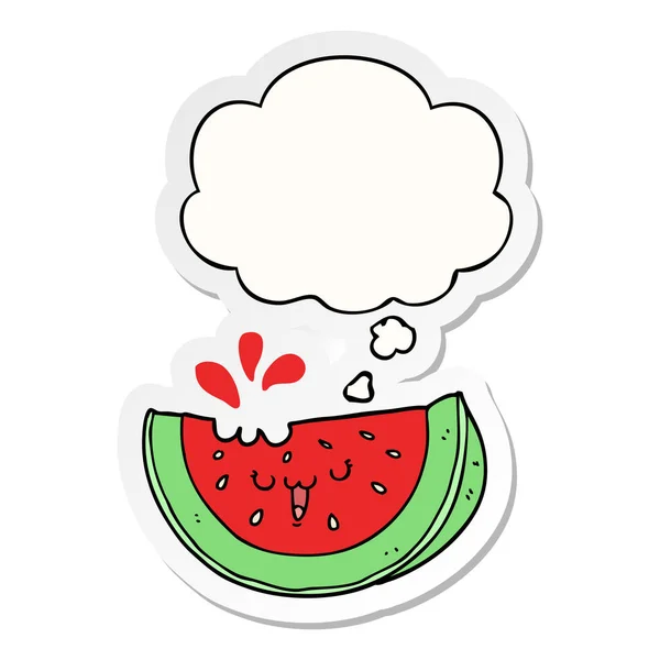 Tecknad vattenmelon och tankebubbla som en tryckt klistermärke — Stock vektor