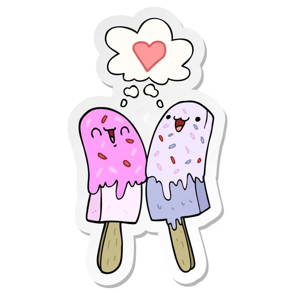 Dibujos animados de hielo lolly en el amor y la burbuja de pensamiento como una pegatina impresa — Vector de stock