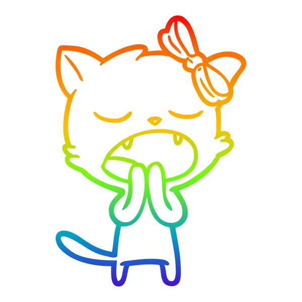 Rainbow gradient ligne dessin dessin dessin animé bâillement chat — Image vectorielle